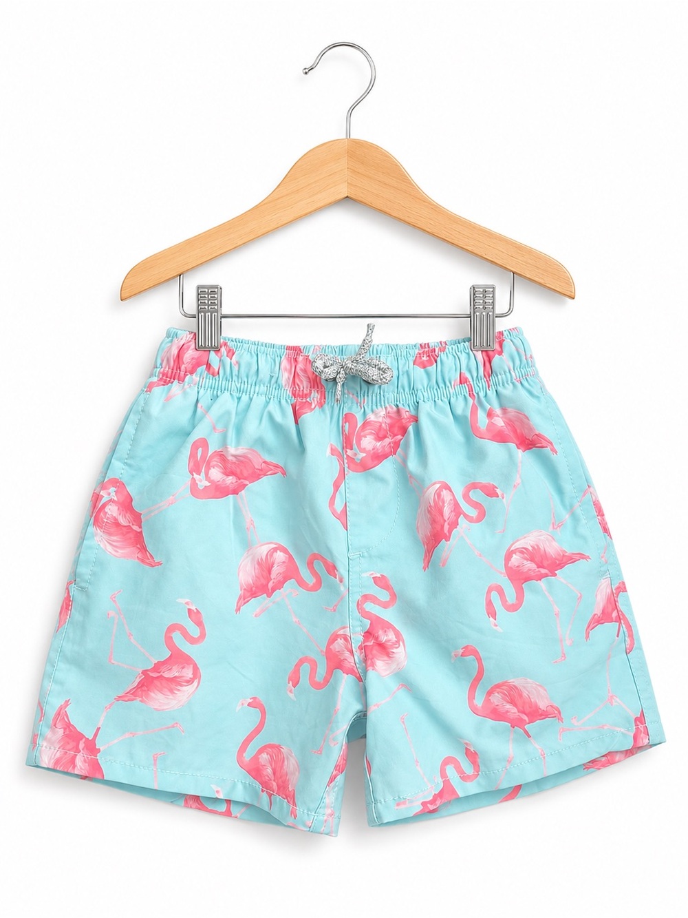 Kids Flamingo Print Swim Trunks - Light Blue & Pink